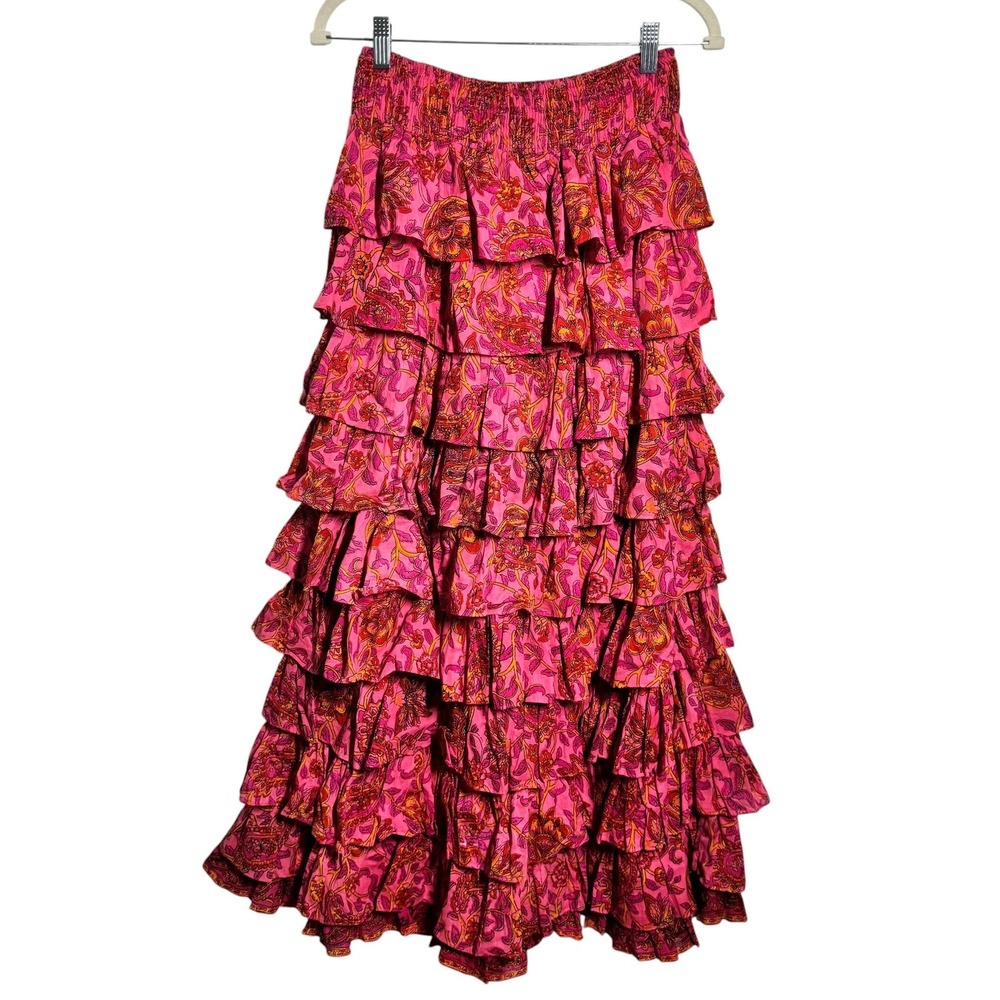 Lola Australia Valentina Skirt Pink Paisley Tiered Ruffle Maxi Smocked Waist S